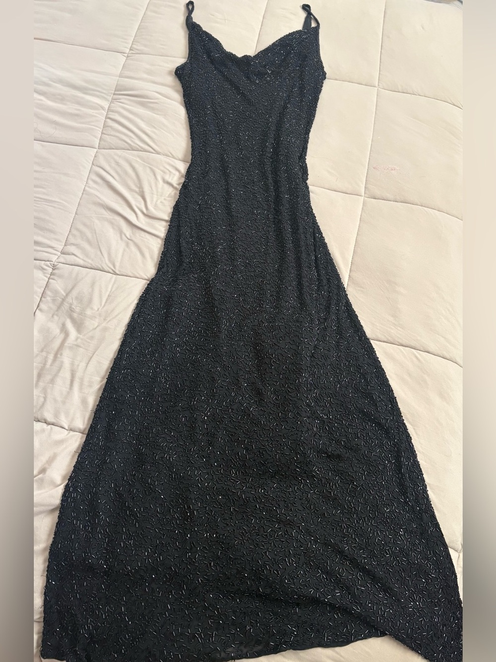 Black Beaded Cowl Neck Evening Dress